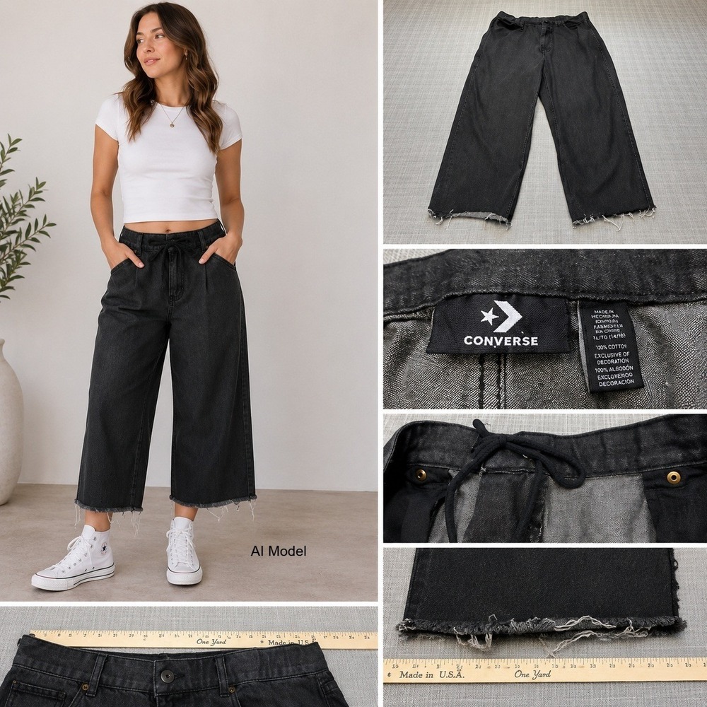 Y2K Wide Leg Cropped Black Jeans Womens‎ XXL Raw Hem Skater Drawstring Baggy
